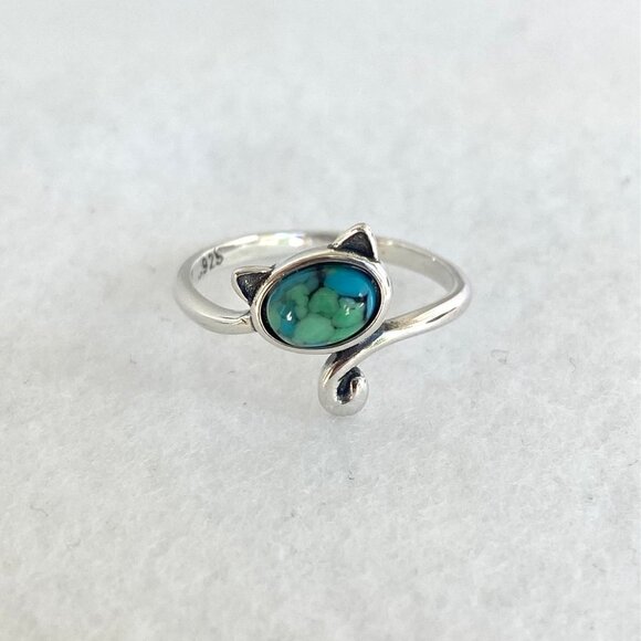 Sterling Silver 925 Turquoise Cabochon Kitty Cat Bypass Style Band Ring Sz 7 - Picture 11 of 16